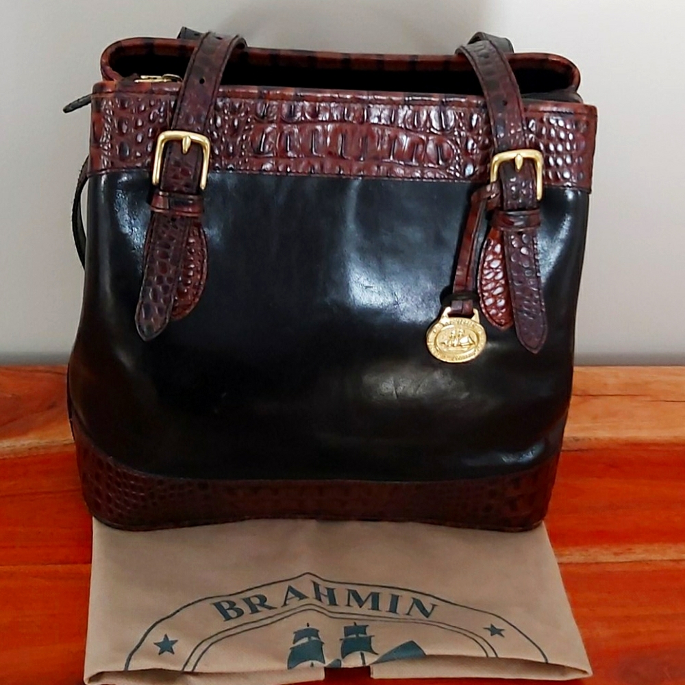 Brahmin vintage black pecan bucket handbag